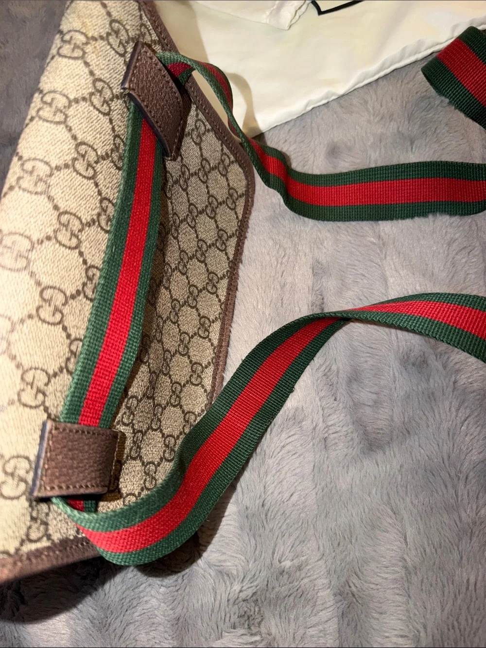 Preloved Gucci Brown GG Canvas Belt Bag with Green-Red Web Strap with Dust bag